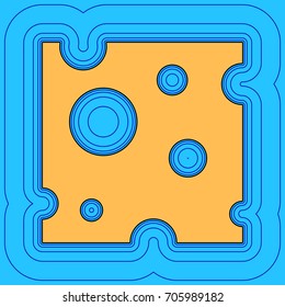 Cheese slice sign. Vector. Sand color icon with black contour and equidistant blue contours like field at sky blue background. Like waves on map - island in ocean or sea.