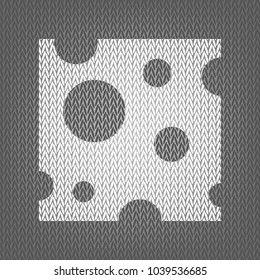Cheese slice sign. Vector. White knitted icon on gray knitted background. Isolated.