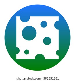 Cheese slice sign. Vector. White icon in bluish circle on white background. Isolated.