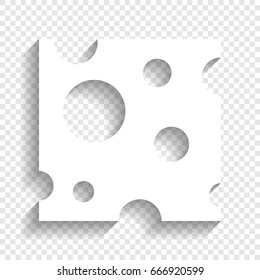 Cheese slice sign. Vector. White icon with soft shadow on transparent background.
