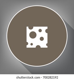 Cheese slice sign. Vector. White icon on brown circle with white contour and long shadow at gray background. Like top view on postament.