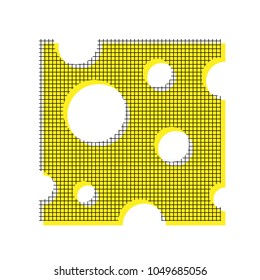 Cheese slice sign. Vector. Yellow icon with square pattern duplicate at white background. Isolated.