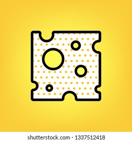 Cheese slice sign. Vector. Yellow polka dot white icon with black contour at warm yellow background.