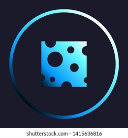 Cheese slice sign. White, cyan and blue gradient icon as round button in white shell at dark blue background. Illustration.
