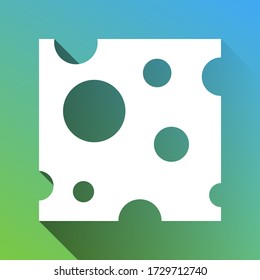 Cheese slice sign. White Icon with gray dropped limitless shadow on green to blue background. Illustration.