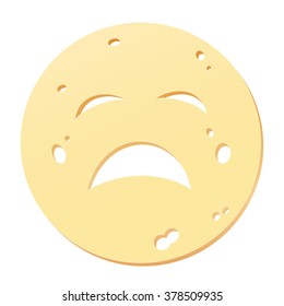 Cheese slice with unhappy face - symbol for unhealthy, noxious, allergenic or stale nutrition. Isolated vector illustration on white background.