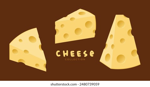 Colección de Vector de rebanada de queso, maasdam, diseño plano, estilo de dibujos animados, arte 3D, iconos de queso amarillo, gourmet. Ilustraciones vectoriales.