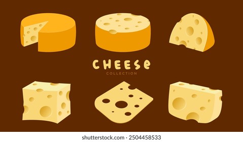 Cheese slice vector collection, maasdam, flat design, cartoon style, 3D art, yellow cheese icons, gourmet. Vector illustrations.