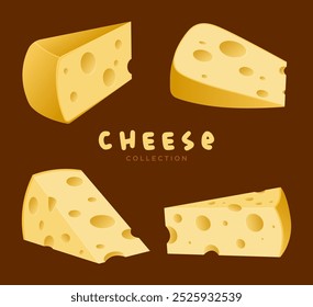 Colección de Vector de rebanada de queso, maasdam, diseño plano, estilo de dibujos animados, arte 3D, iconos de queso amarillo, gourmet. Ilustraciones vectoriales.