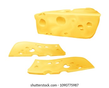 Cheese slices 3D vector illustration of sliced Emmental or Cheddar and Edam cheese with holes. Realistic design template isolated on white background for dairy food or product package