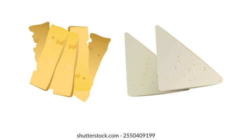 cheese slices. cheese, cut lengthwise and triangles. triangular and rectangle piece of cheese. dairy product