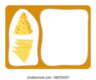 Cheese, cheese slices and frame for text. Vector illustration