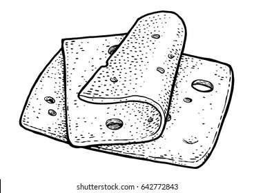 Cheese Slices Illustration, Drawing, Engraving, Ink, Line Art, Vector