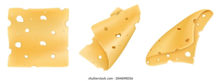 Cheese slices isolated on a white background. Pieces of hard cheese with holes. Realistic 3D vector illustration.