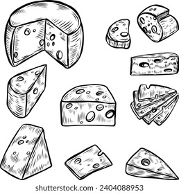 Cheese slices line drawing vector illustrations.