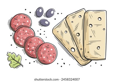 Rodajas de queso, aceitunas y salchichas aisladas sobre un fondo blanco. Composición de queso para diseño en estilo de dibujos animados. lustración del Vector