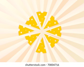 Cheese slices on the background of diverging rays of yellow