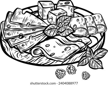 Cheese slices on cutting board vector illustration.