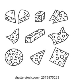 Cheese Slices Pieces Dices Line Set. Dairy product food ingredient collection with various shapes in doodle style. Outline icons. Vector illustration