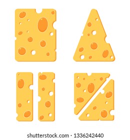 Cheese slices and pieces vector cartoon set isolated on white background.