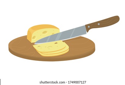 Cortando queso con un cuchillo. Trampa manual y molienda de ingredientes orgánicos. Ilustración vectorial en estilo plano de caricatura.