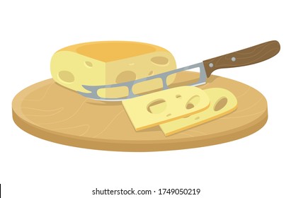 Cortando queso con un cuchillo. Trampa manual y molienda de ingredientes orgánicos. Ilustración vectorial en estilo plano de caricatura.