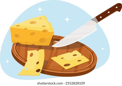 Cheese slicing, piece of cheese on wooden cutting board with knife, dairy product. Stock vector illustration