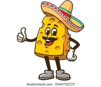 Queijo com sombrero, Cartoon Mascote Ilustração Personagem Vetor Clip-art Desenhado à mão Logo Design