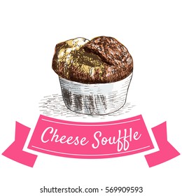 Cheese Souffle colorful illustration. Vector illustration of French cuisine.