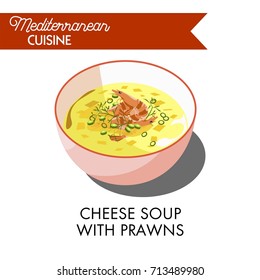 Cheese soup with prawns and fresh greenery in bowl