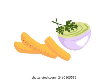 Palitos de queso con mozzarella y tarro de salsa verde picante. Bocadillo crujiente con tazón de pesto, guacamole y verdor. Deliciosa comida callejera. Ilustración vectorial aislada plana sobre fondo blanco