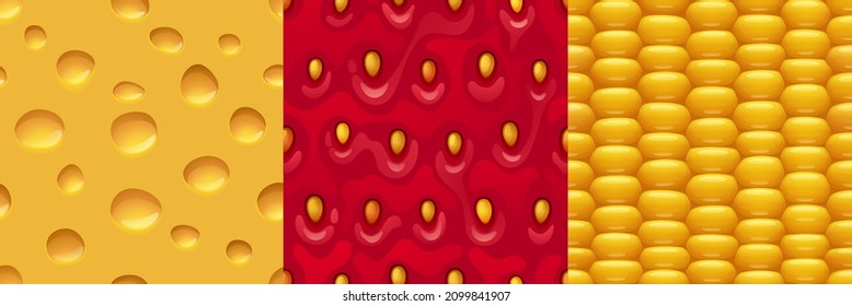 Cheese, strawberry and corn seamless textures for game. Food repeated patterns, 3d backgrounds, graphic ui or gui layers design, cheddar with holes, berry and maize closeup view, Vector illustration