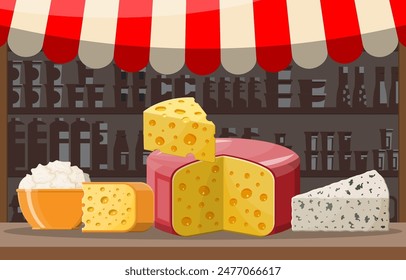 Puesto de la tienda del mercado callejero del queso. Tienda de granjeros o mostrador de escaparate. Entera y pedazo de cabaña de queso aislado en blanco. Producto lácteo lácteo. Comida saludable orgánica. Ilustración vectorial en estilo plano