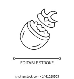 Cheese stuffed tomatoes linear icon. Restaurant menu. Summer vegetable recipe. Healthy diet, homemade food. Thin line illustration. Contour symbol. Vector isolated outline drawing. Editable stroke