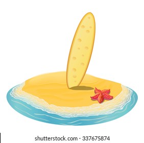 Cheese surfboard in the sand in a vector