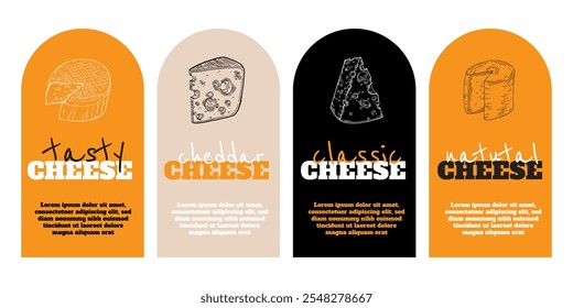 Cheese Tags set. Design for packaging dairy products. Craft branding for natural cheeses. Camembert, Parmesan and Cheddar hand-drawn in sketch retro style. Vector illustration.