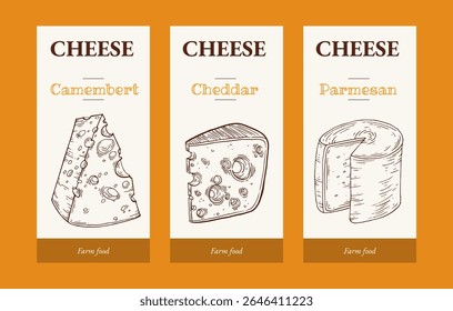 Cheese Tags set. Design for packaging dairy products. Craft branding for natural cheeses. Camembert, Parmesan and Cheddar hand-drawn in sketch retro style. Vector illustration.
