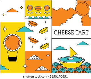 Pôster de arte de linha plana abstrato de sobremesa de queijo - Pôster minimalista japonês Hokkaido Cheese Tart Fun
