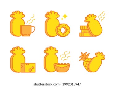 cheese tart icon set with pineapple fruits ,hot drink,pie and cheese.