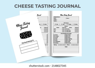 Cheese tasting journal interior. Dairy products and cheese quality testing notebook template. Interior of a logbook. Cheese texture and characteristics tasting project tracker interior.