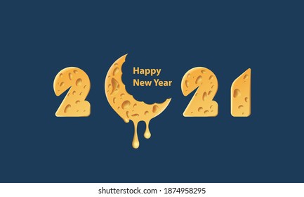 Cheese texture 2021 text design for pizzeria holiday menu. Realistic Cheese moon silhouette for Happy New Year banner.