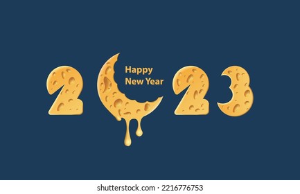 Cheese texture 2023 text design for the pizzeria holiday menu. Realistic Cheese moon silhouette for Happy New Year banner.