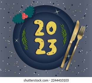 Cheese texture 2023 text design Realistic silhouette of cheese numbers on a dark blue plate