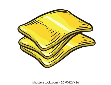 Cheese Three Slice. Hand Drawn Food Cheese Vector Illustration Isolated On White Background.