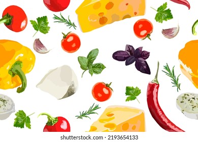 Cheese, Tomato, Basil, Pepper And Herbs Vector Seamless Pattern