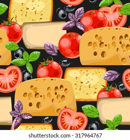 Cheese, tomato and olives vector seamless background