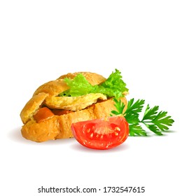 Сroissant with cheese and tomatoes. Fast food with salad and green plant low poly. Fresh, nutritious, tasty sandwich. Fast food in triangulation technique. 