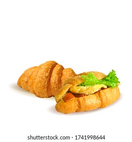 Сroissant with cheese and tomatoes. Fast food with salad and green plant low poly. Fresh, nutritious, tasty sandwich. Fast food in triangulation technique. 