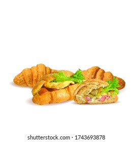 Сroissant with cheese and tomatoes. Fast food with salad and green plant low poly. Fresh, nutritious, tasty sandwich. Fast food in triangulation technique. 