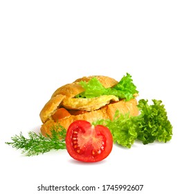 Сroissant with cheese and tomatoes. Fast food with salad and green plant low poly. Fresh, nutritious, tasty sandwich. Fast food in triangulation technique. 